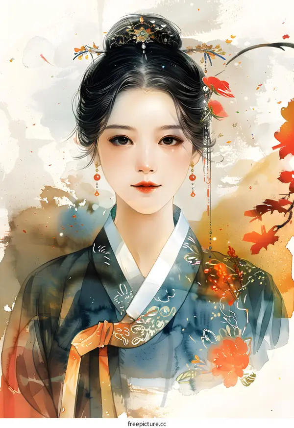 A beautiful illustration of a young woman in a traditional Korean dress, with a red and white ribbon in her hair and red earrings.