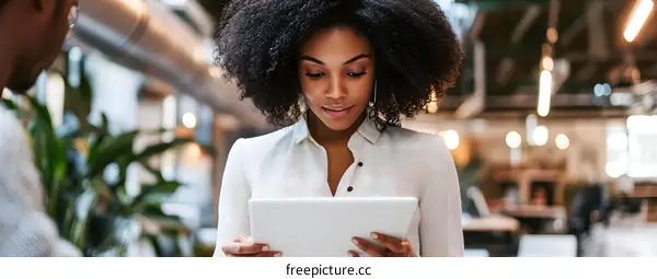 Black Businesswoman Working on Tablet Computer in Modern Office
