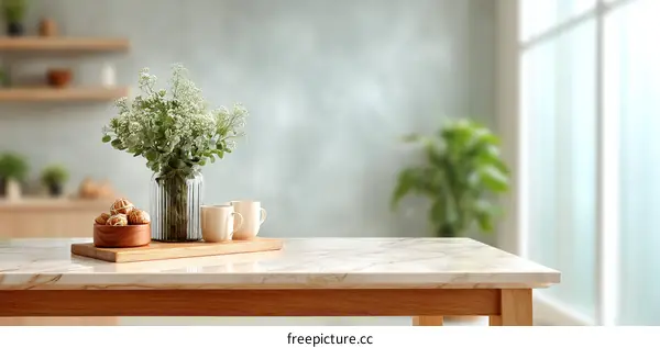 Marble Table Top with Floral Decor in Kitchen