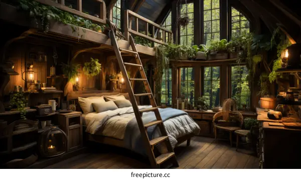 A cozy bedroom in a forest cabin retreat