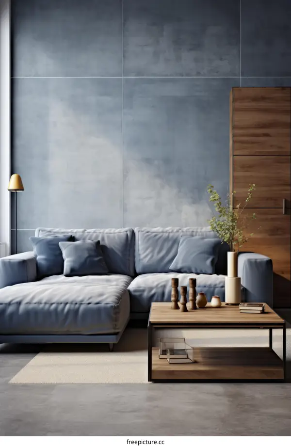 Modern Minimalist Living Room with Blue Accents