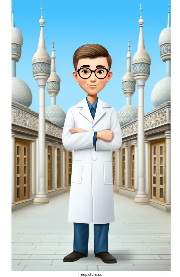Male doctor wearing glasses standing in front of a mosque