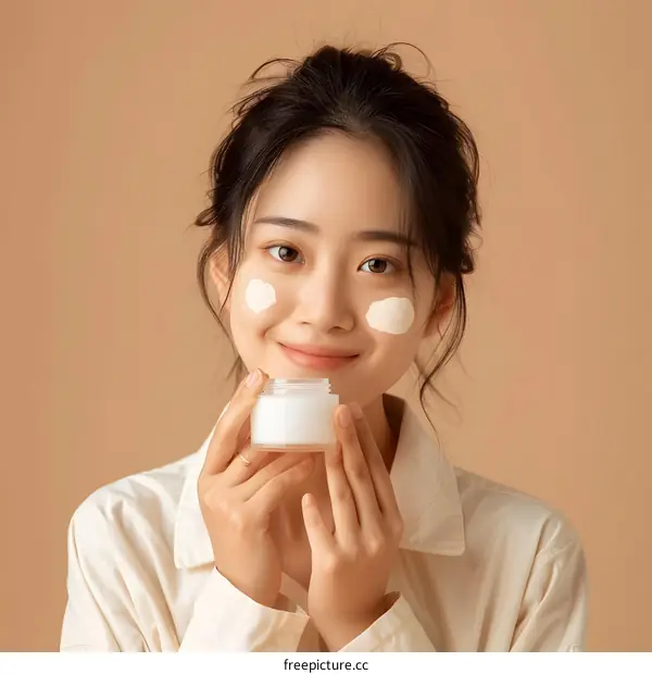 Young Asian Woman Applying Face Cream