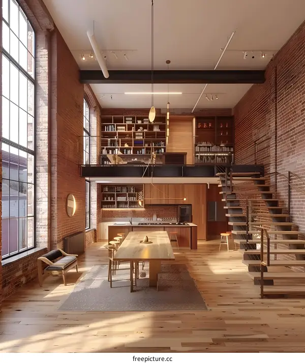 Modern Loft Interior Design with Brick Walls and Wood Flooring