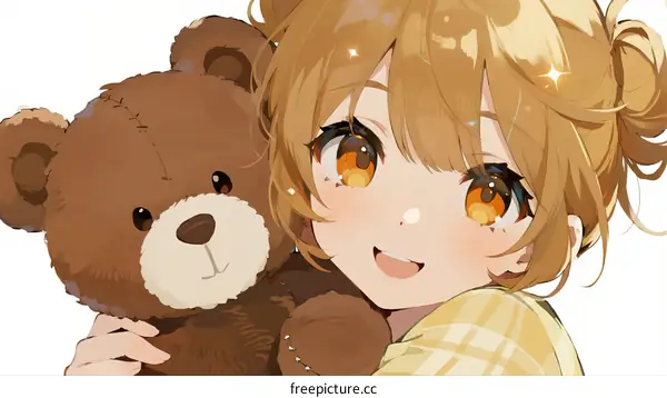 A Young Girl with Brown Hair Hugging a Brown Teddy Bear