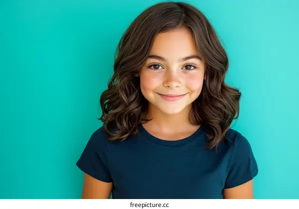 Smiling Girl Portrait Against Teal Background