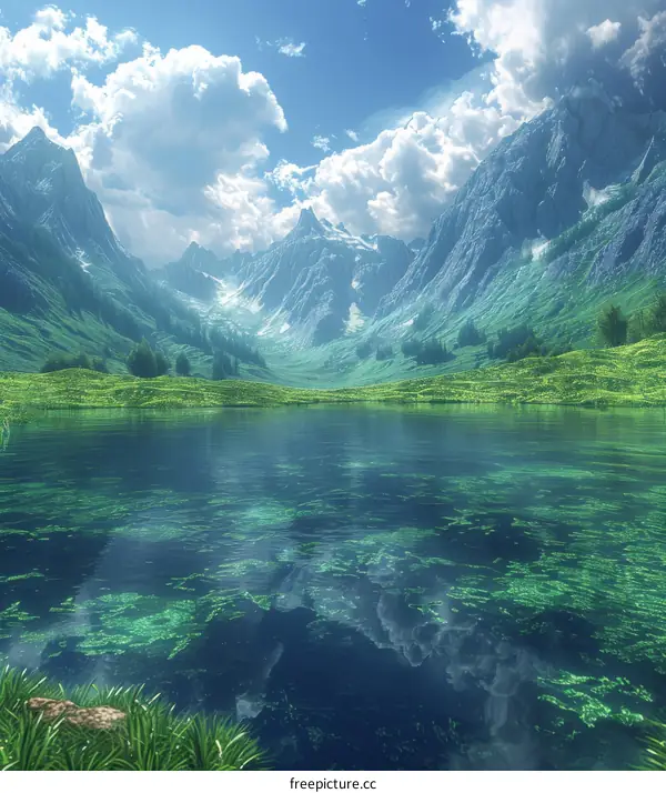 Serene Mountain Lake Scenery Illustration
