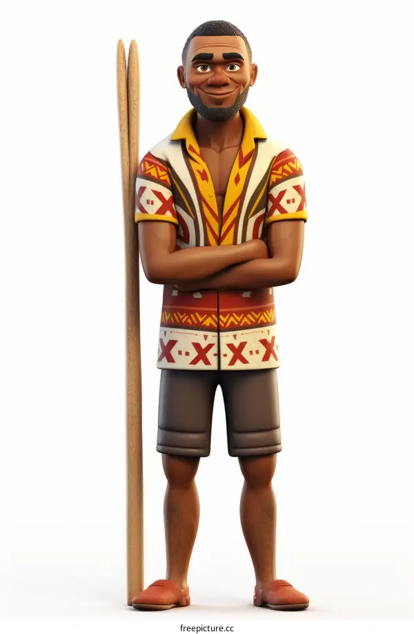 A smiling man with crossed arms standing next to a wooden staff