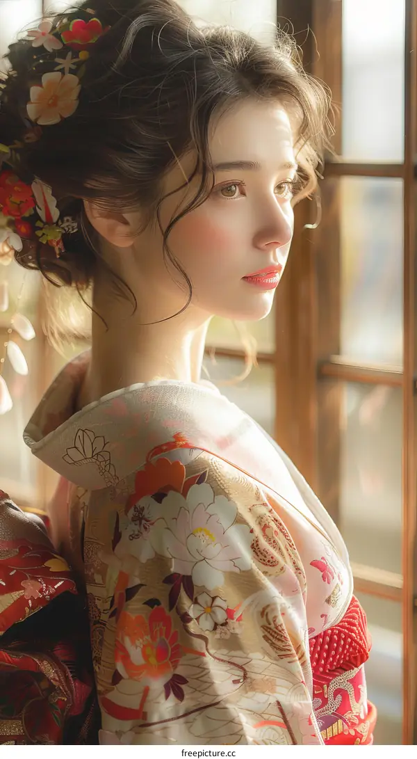 Portrait of a beautiful Japanese woman in traditional kimono
