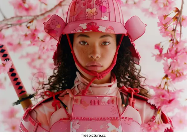 Modern Samurai Portrait with Cherry Blossoms