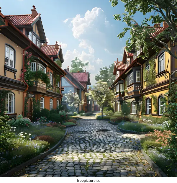 European style buildings with flowers and trees on both sides of the stone road