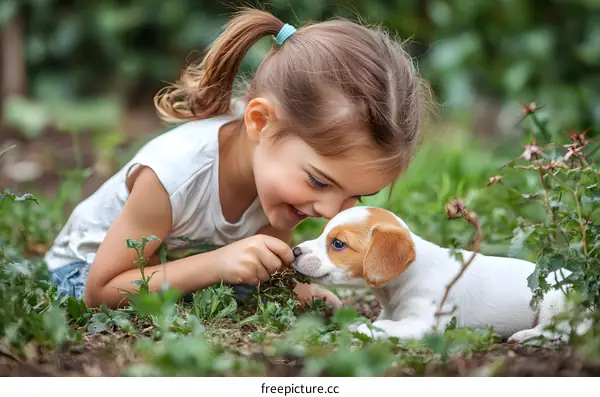Little Girl Playing With Puppy in Green Grass