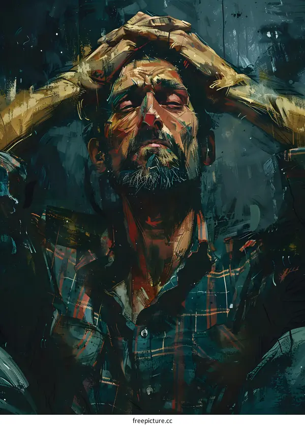 A painting of a man with his hands on his head