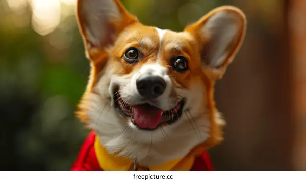A happy corgi dog wearing a red cape