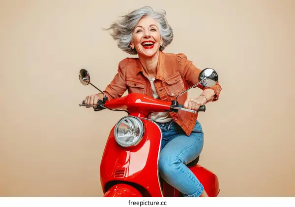 Joyful Senior Woman Riding a Red Scooter