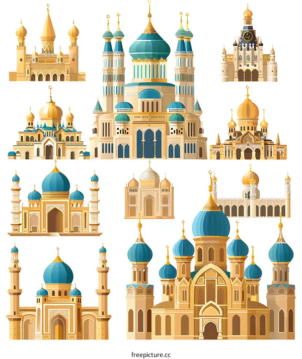 Set of Beautiful Islamic Mosques with Golden Domes and Minarets