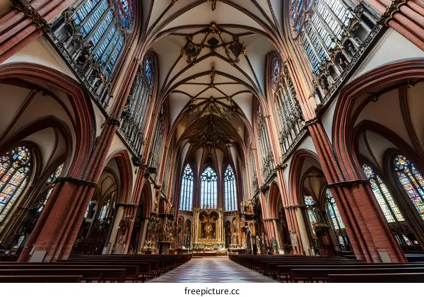Gothic Interior of a Church with Stained Glass Windows