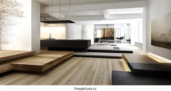Modern Minimalist Interior Design with Wooden Floor and Platform