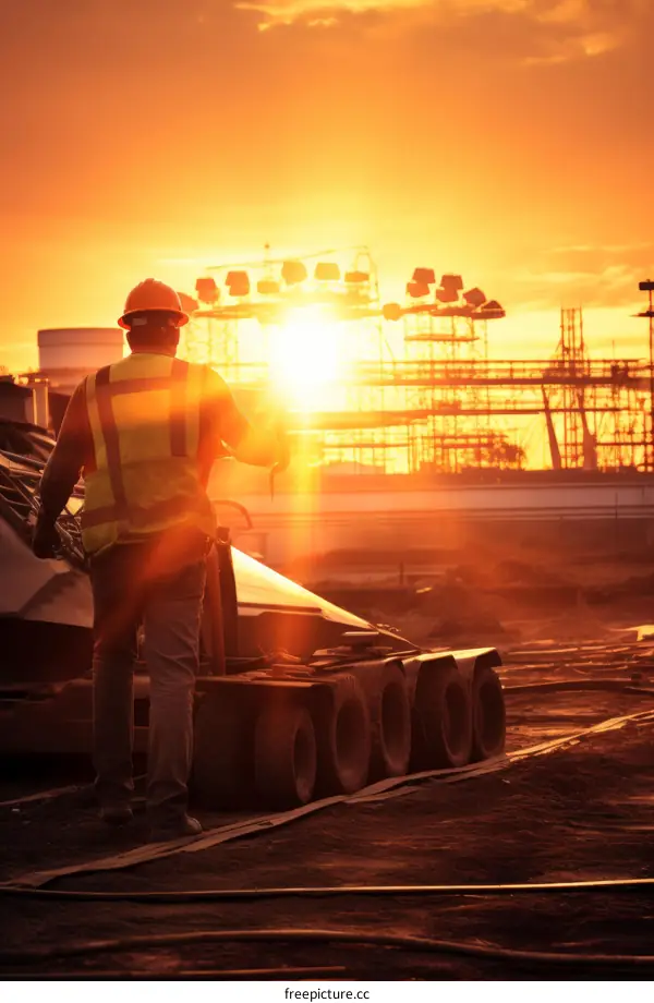 Construction worker standing in front of a large yellow machine at sunset