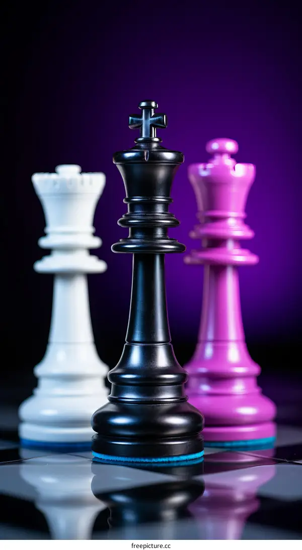 Black chess piece with white and pink chess pieces on a chessboard with purple background