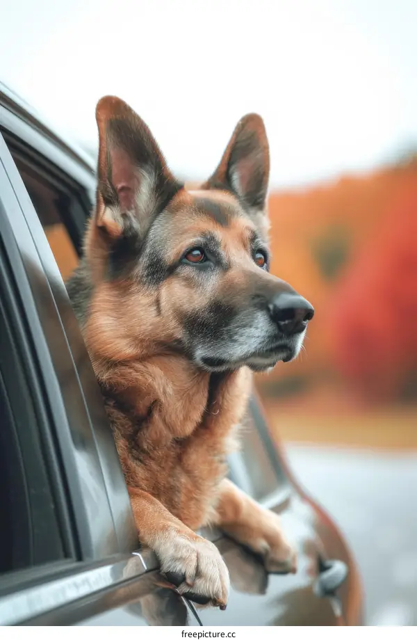 German Shepherd Dog looking out of a car window