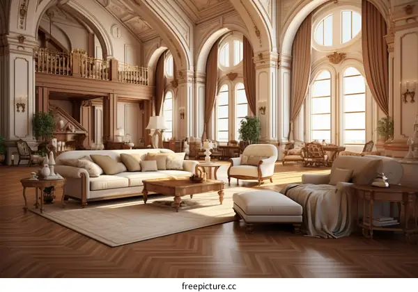 Grand Living Room with Balcony and Vaulted Ceilings