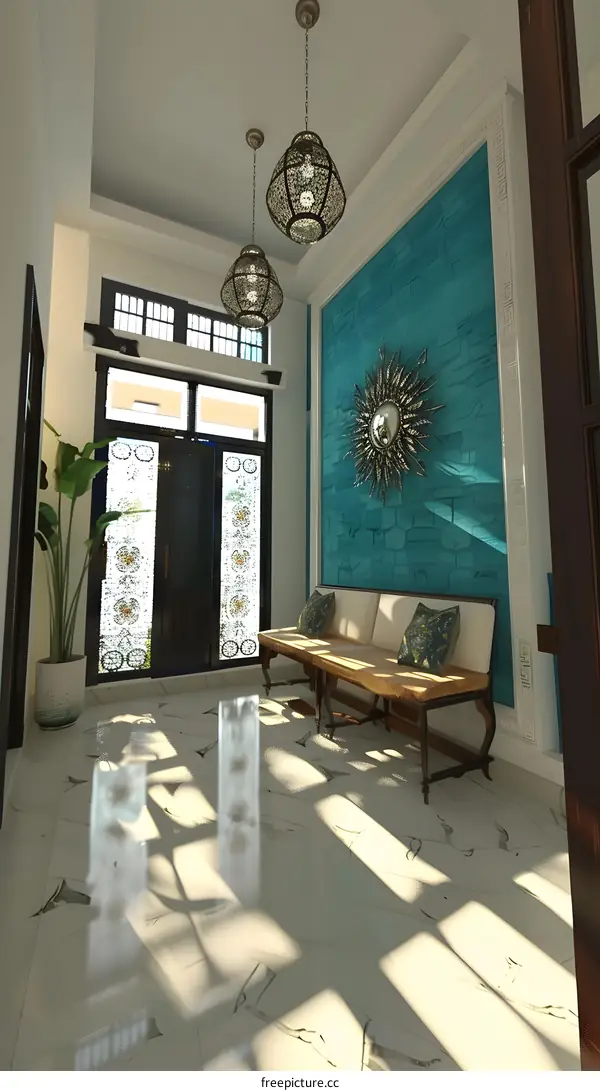 Modern Interior Design With A Teal Wall And Glass Door