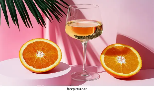 Pink Background with Wine Glass and Orange Slices