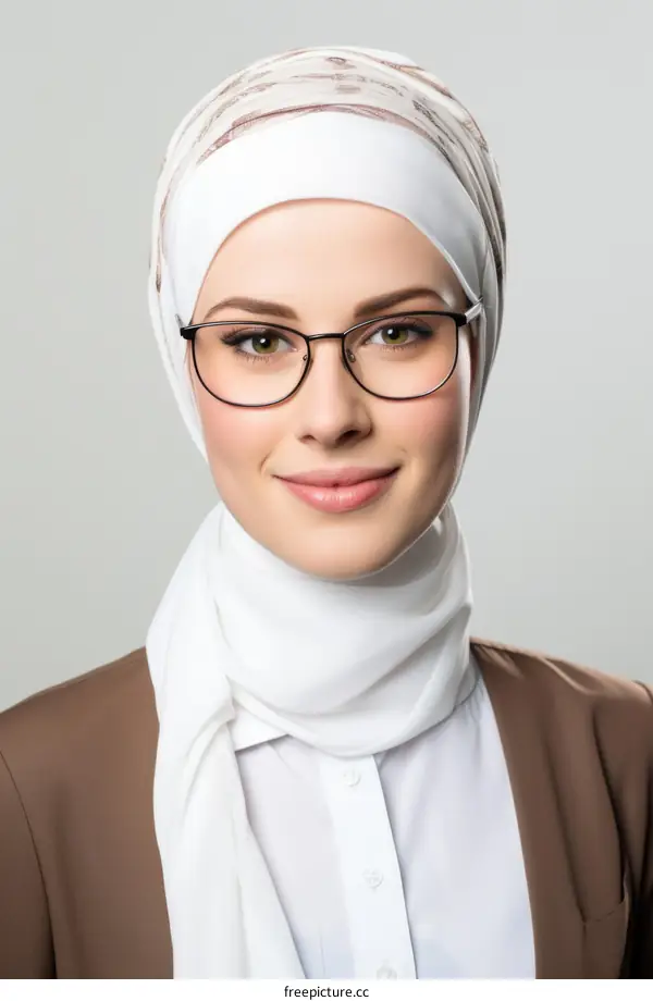 A young woman wearing a brown suit and a white hijab is smiling at the camera.