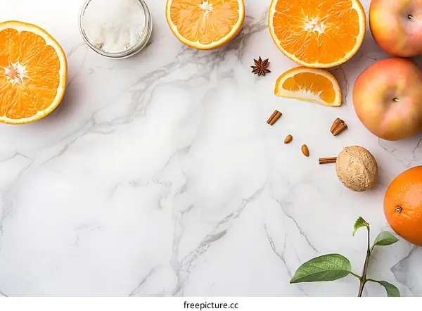 Fresh Oranges and Apples on White Marble Background