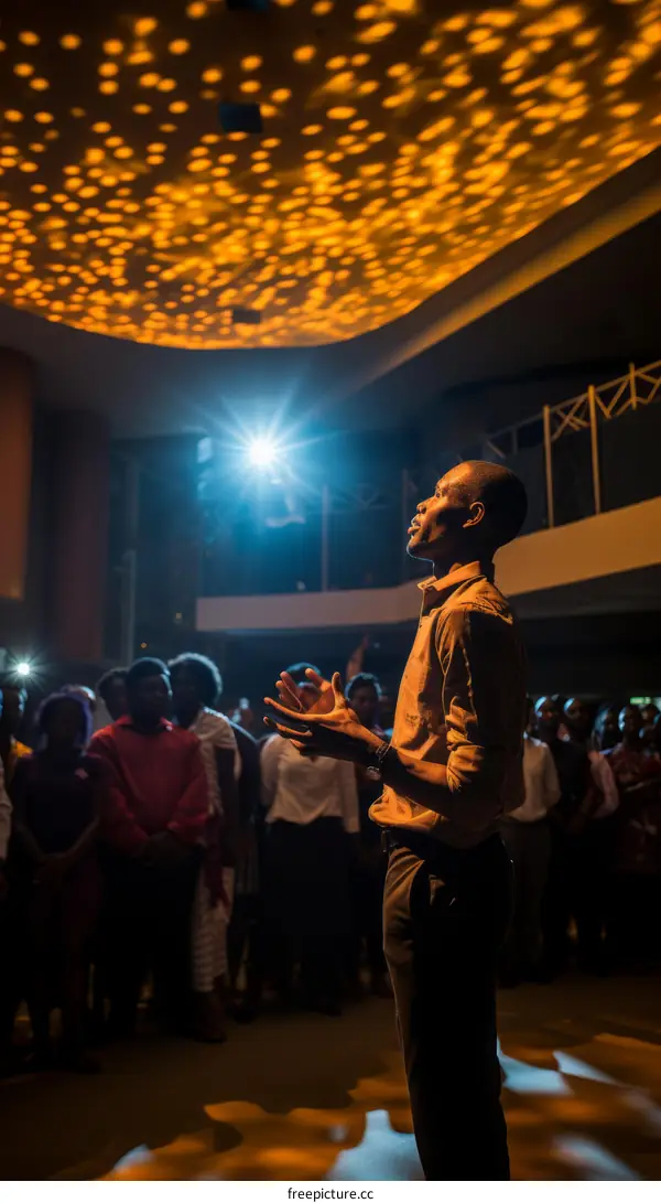 A young African man giving a speech in front of a crowd
