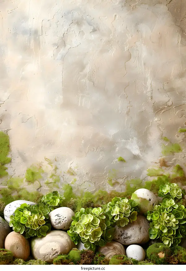Stone and Green Plant on Concrete Wall Background