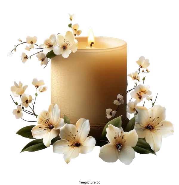 [Transparent Background PNG]Elegant Candle Surrounded by Delicate Flowers