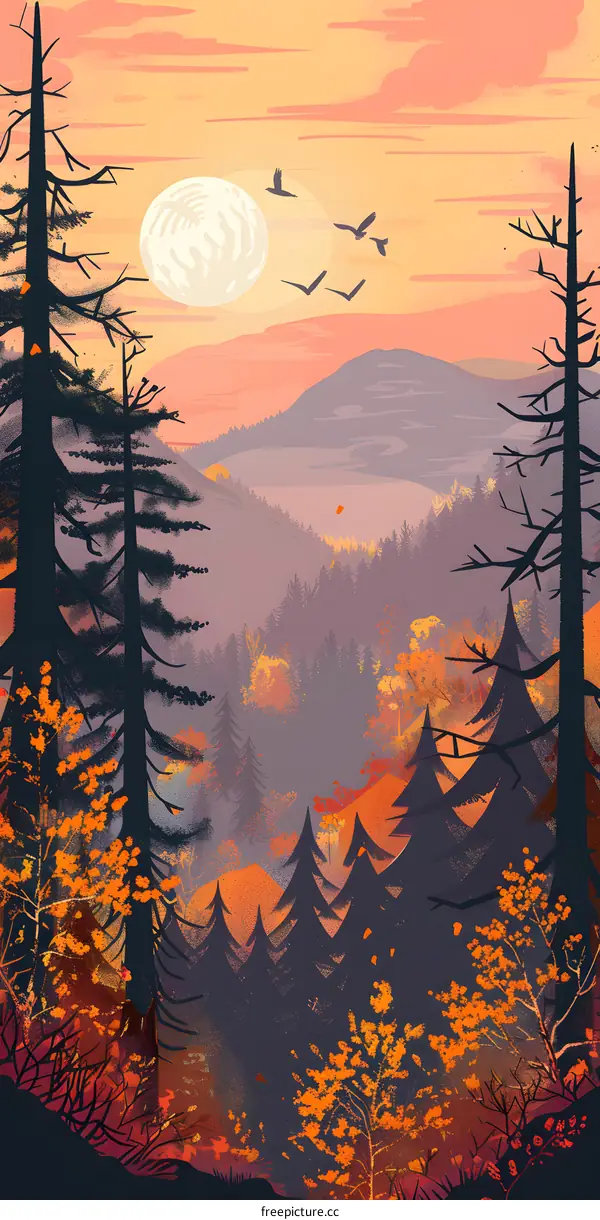 Autumn Forest Landscape with Sunset and Birds