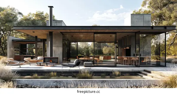 Modernist house with large glass windows and a pool