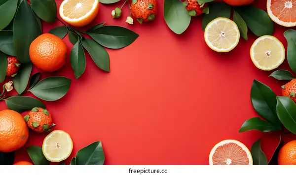 Fresh Citrus Fruits and Green Leaves on Red Background