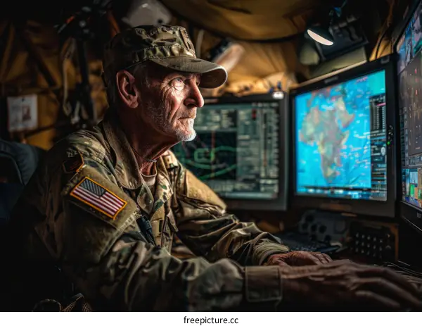 A military man looking at a computer screen