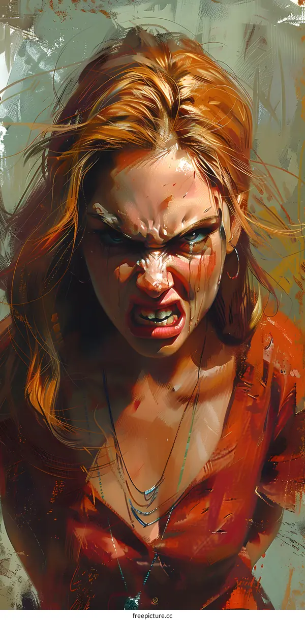 Portrait of a woman with red hair and a fierce expression