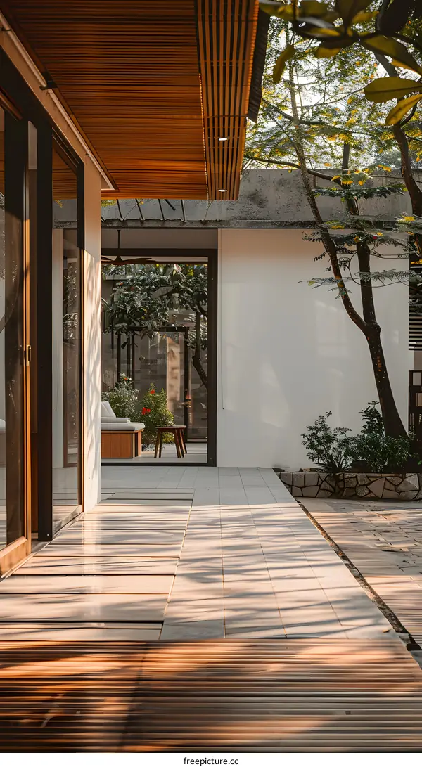 Modern Minimalist House Patio Design with Wooden Ceiling and Large Glass Doors