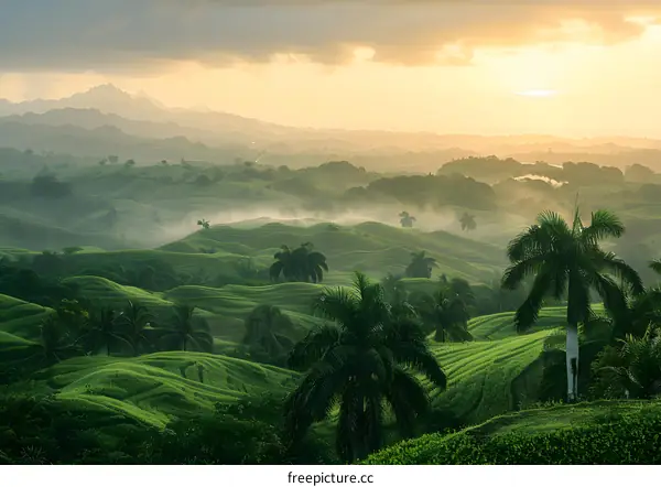 green hills and palm trees