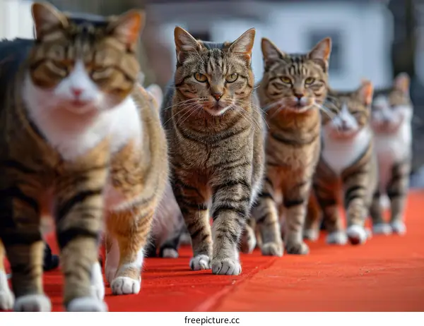 A group of cats walking on a red carpet