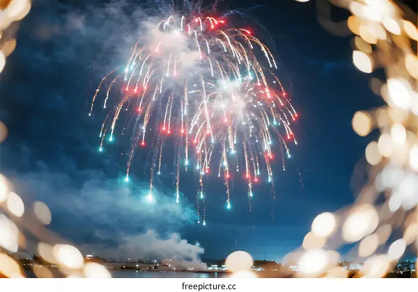 Colorful Fireworks Display Against Dark Night Sky with Blurred Lights