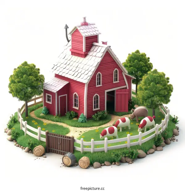 3D Red Barn with White Roof and Fence