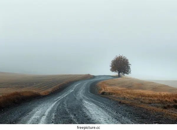 Country Road Surrounded by Trees in the Fog