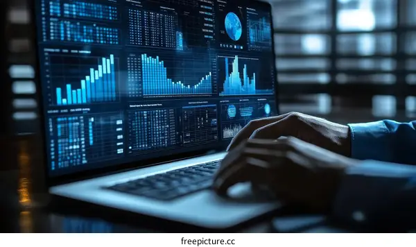 Businessperson Working on Laptop with Data Visualization