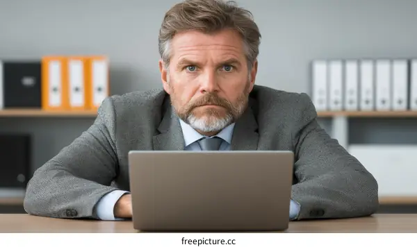 Serious Businessman Focused on Laptop