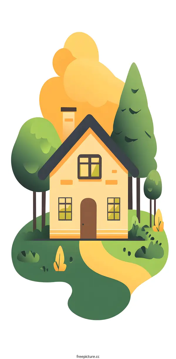 Cute House Illustration With Green Trees