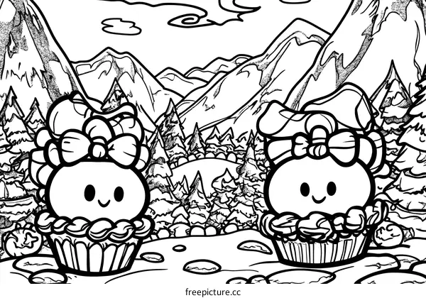 Cute Cartoon Cupcakes In Mountain Landscape Illustration