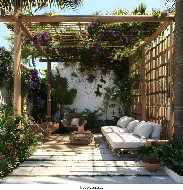 Tropical Patio With Wooden Pergola And Lush Greenery