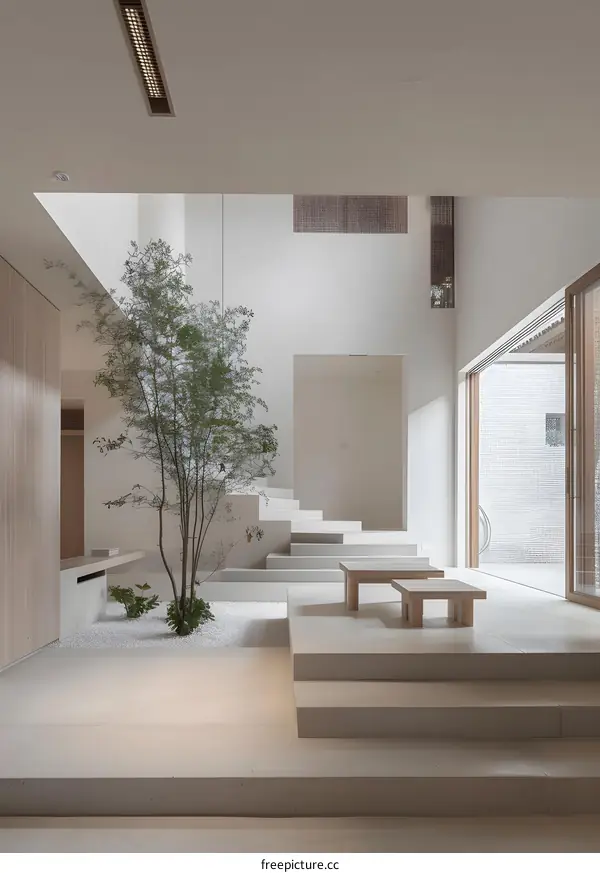 Minimalist Modern Interior Design with White Walls and a Small Tree